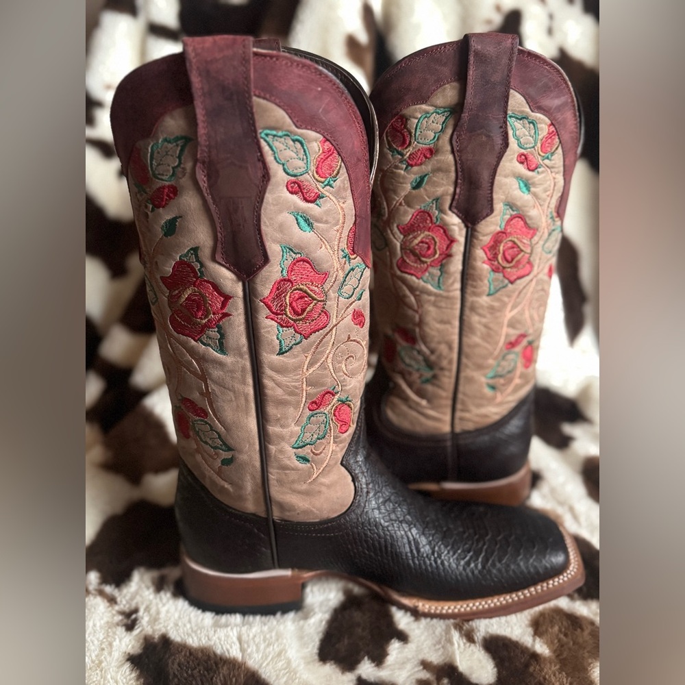 Tanner Mark Rose and Snake Skin Print Leather Western Boots